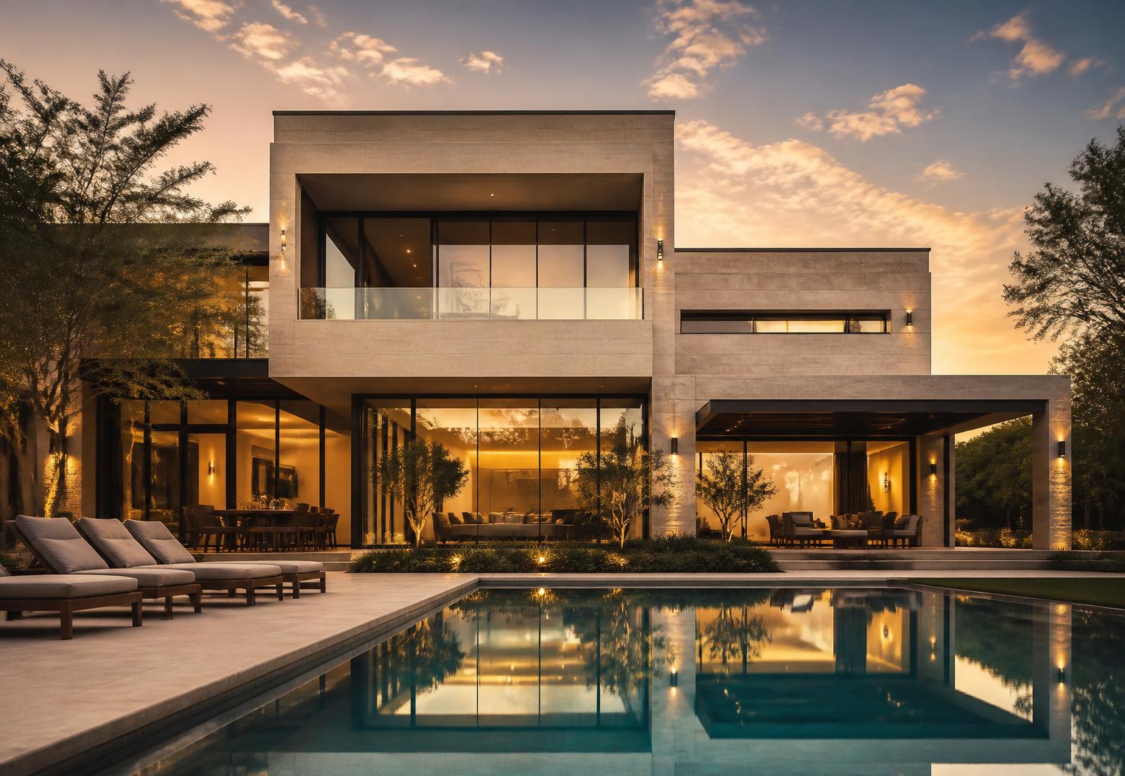 Modern luxury home at golden hour with a reflecting pool
